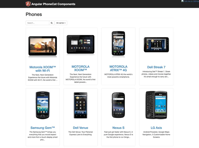screenshot of Angular Phonecat Components
