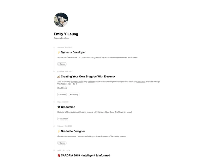 screenshot of Eleventy Bragdoc