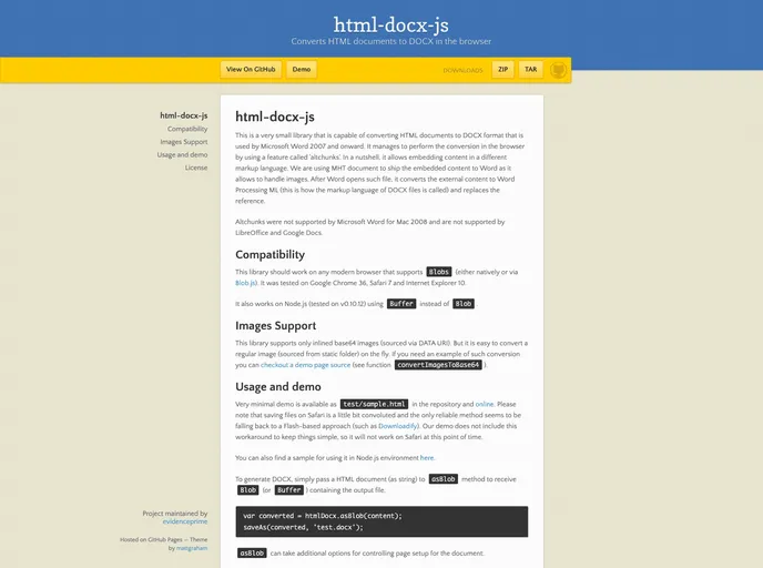 screenshot of Html Docx Js