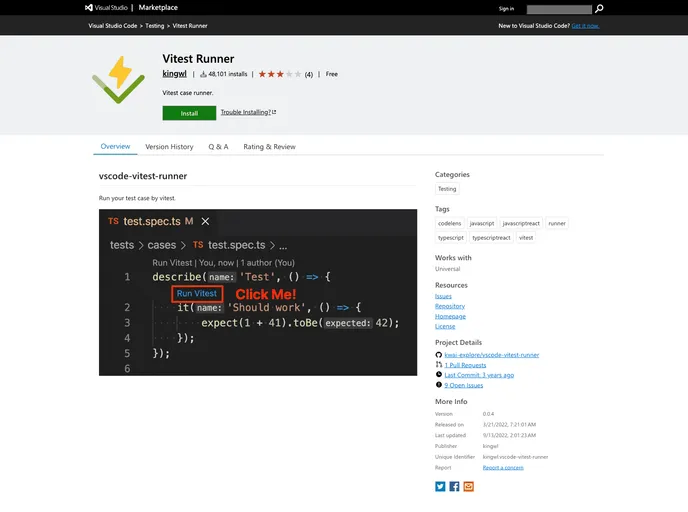 screenshot of Vscode Vitest Runner