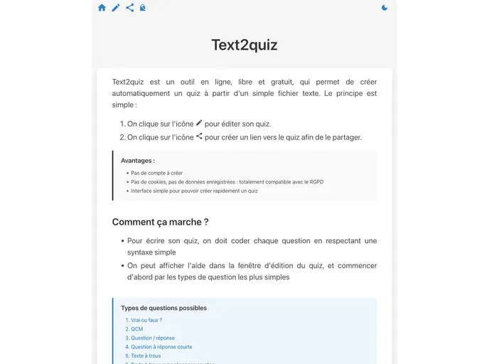 screenshot of Text2quiz