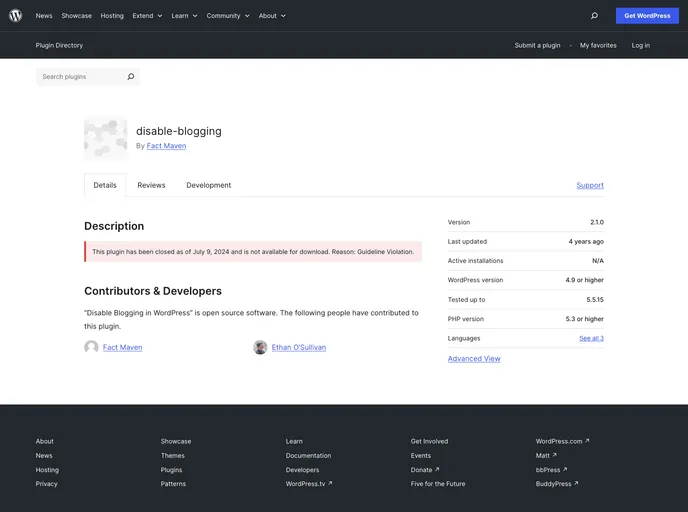 screenshot of Disable Blogging