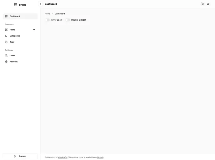 screenshot of Finalgoal Shadcn Sidebar