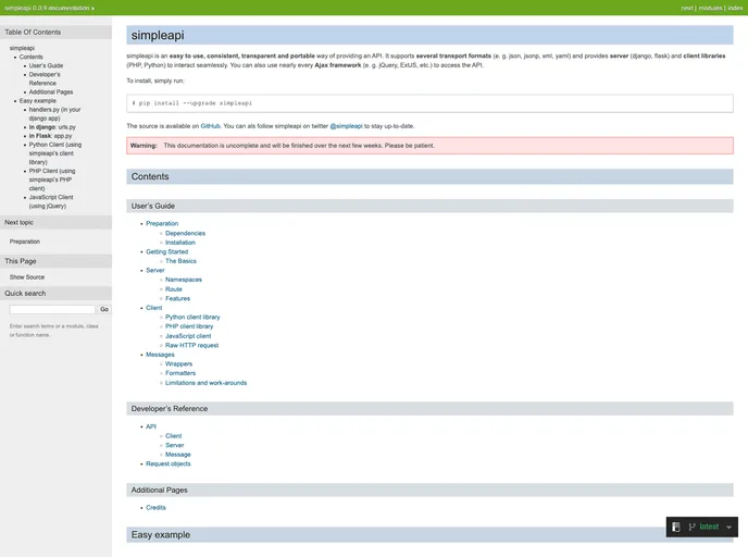 screenshot of Simpleapi