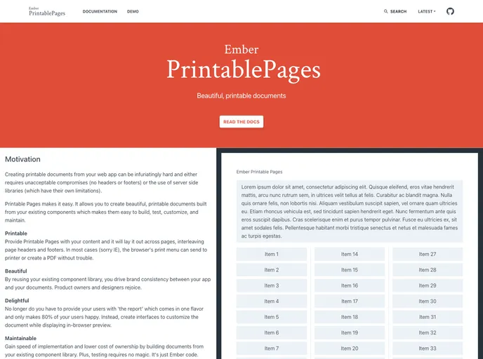 screenshot of Ember Printable Pages