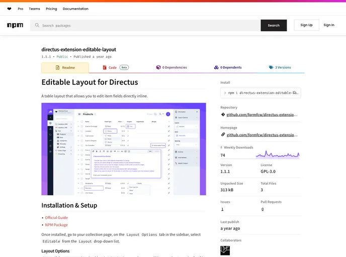 screenshot of Directus Extension Editable Layout
