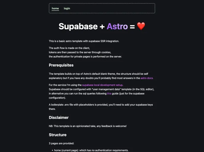 screenshot of Astro Supabase Ss