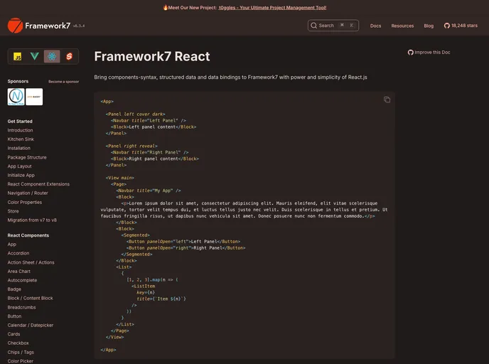 screenshot of Framework7 Template React