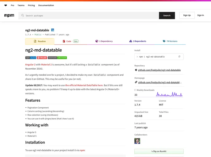 screenshot of Ng2 Md Datatable