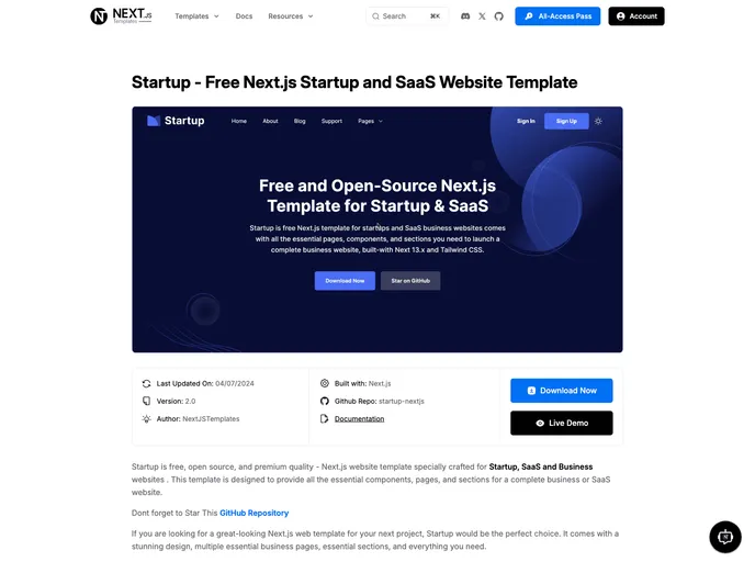 screenshot of Startup Nextjs