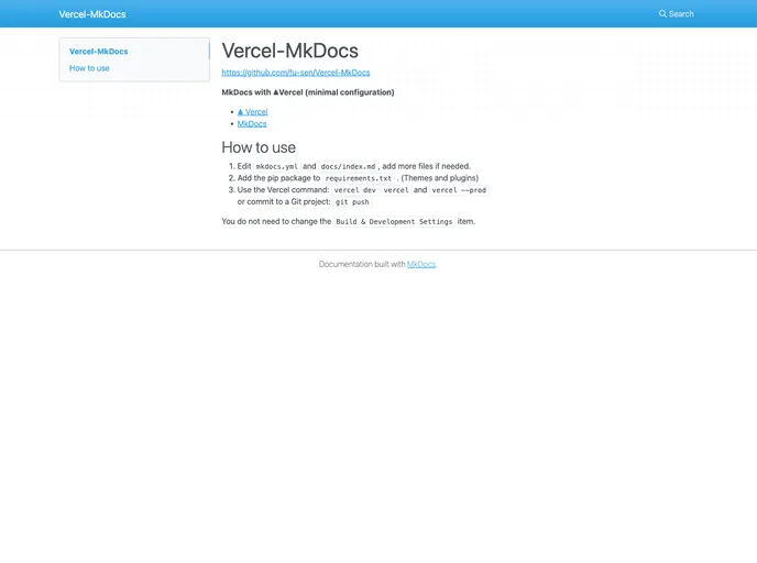 screenshot of Vercel MkDocs