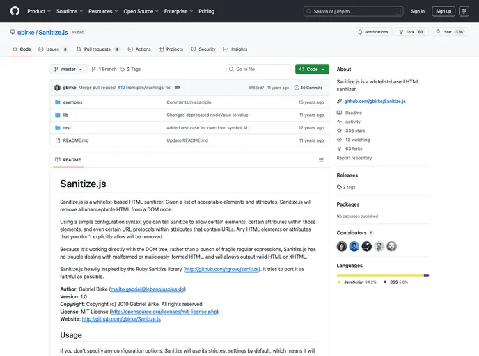 screenshot of Sanitize.js
