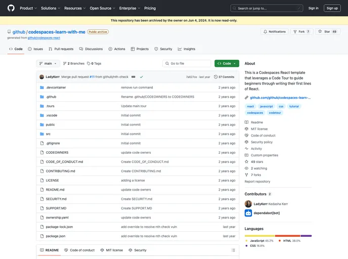 screenshot of Codespaces Learn With Me