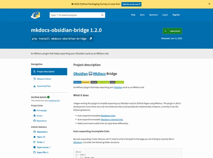 screenshot of Mkdocs Obsidian Bridge