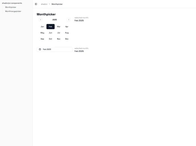 screenshot of Shadcn UI Monthpicker