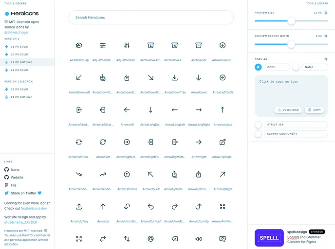 screenshot of React Heroicons