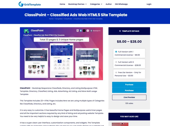 screenshot of ClassiPoint Classified Ads Web HTML5 Site Template