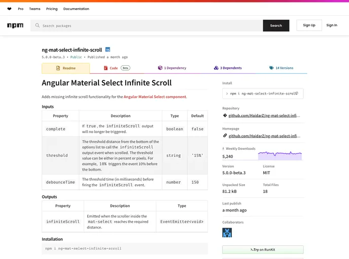 screenshot of Ng Mat Select Infinite Scroll