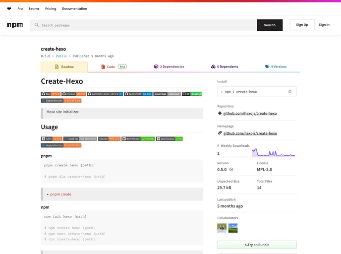 screenshot of Create Hexo