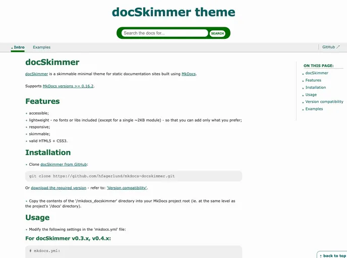 screenshot of Mkdocs Docskimmer