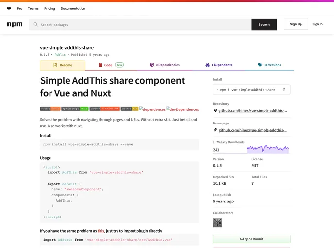screenshot of Vue Simple Addthis Share