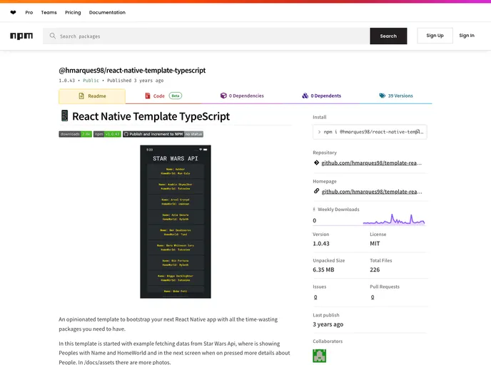 screenshot of Template React Native Typescript