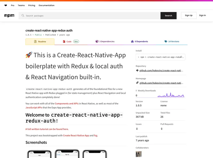 screenshot of Create React Native App Redux Auth