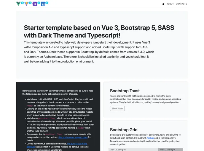screenshot of Starter Template Vue 3 Bootstrap 5 Sass Dark Theme Typescript
