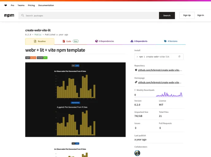 screenshot of Create Webr Vite Lit