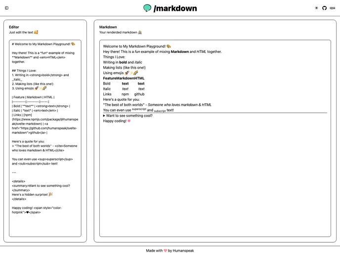 screenshot of Svelte Markdown