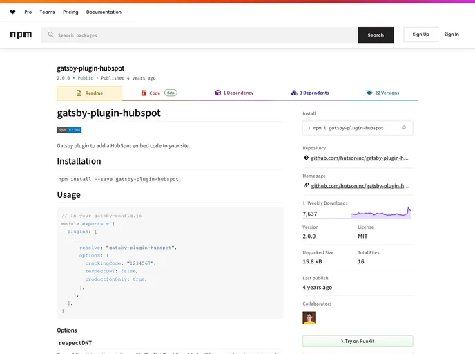 screenshot of Gatsby Plugin Hubspot