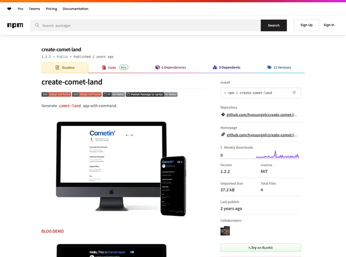 screenshot of Create Comet Land