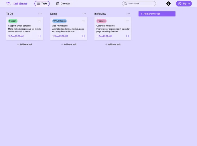 screenshot of Task Planner