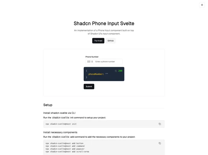 screenshot of Shadcn Phone Input Svelte