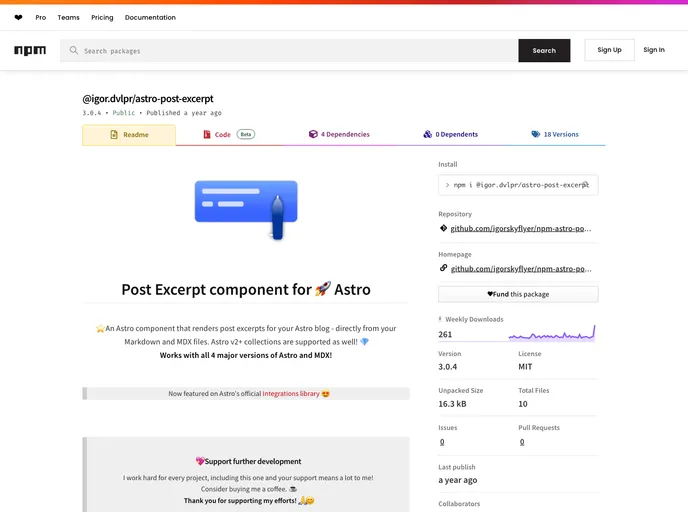 screenshot of Npm Astro Post Excerpt