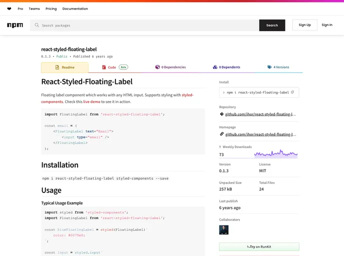 screenshot of React Styled Floating Label