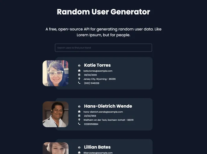 screenshot of Random User Website