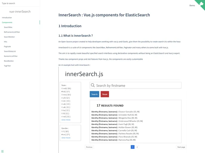 screenshot of Vue Innersearch