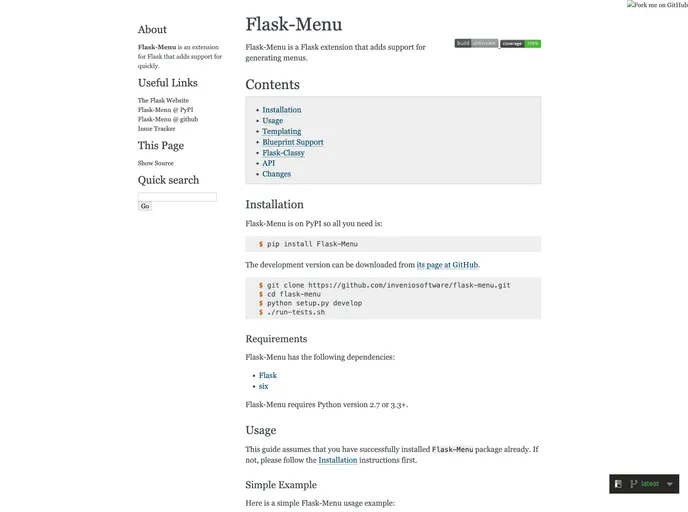screenshot of Flask Menu