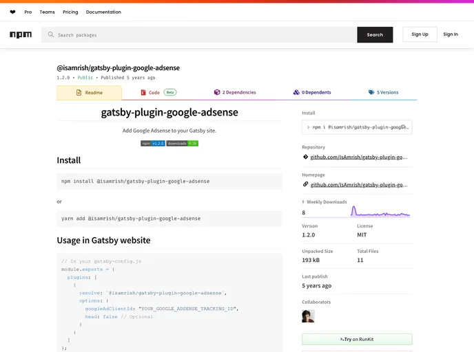 screenshot of Gatsby Plugin Google Adsense