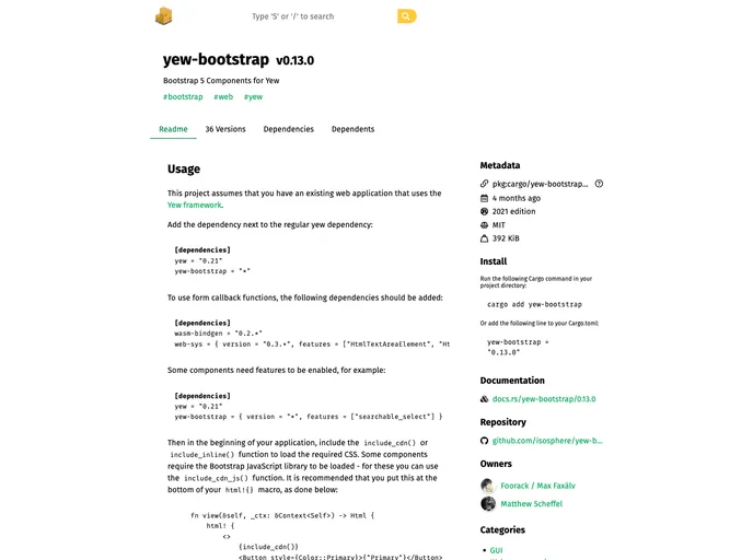 screenshot of Yew Bootstrap