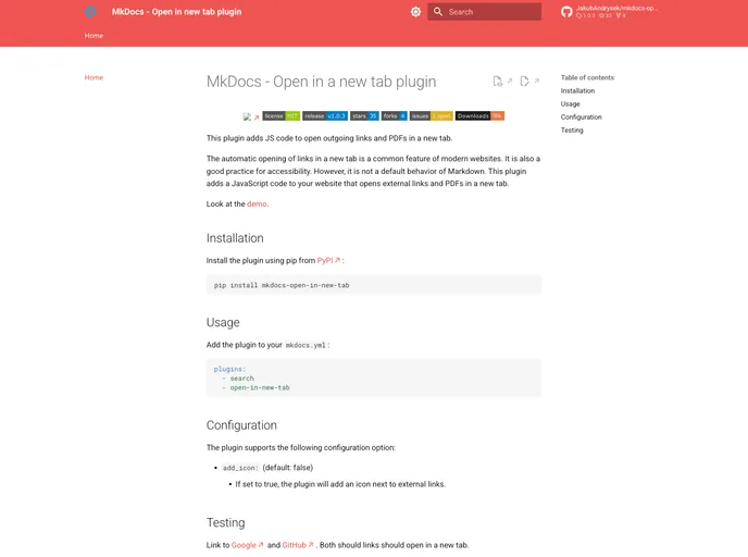 screenshot of Mkdocs Open In New Tab