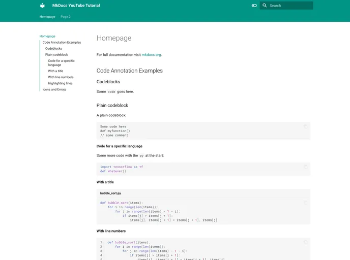 screenshot of Mkdocs Material Youtube Tutorial