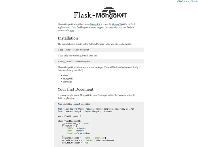 screenshot of Flask Mongokit