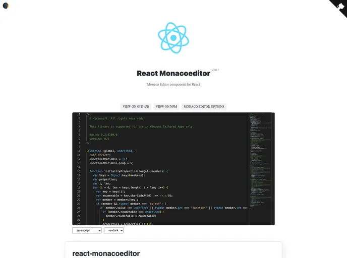 React Monacoeditor screenshot