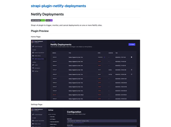 screenshot of Strapi Plugin Netlify Deployments