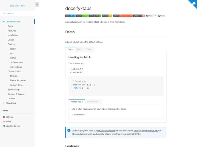 screenshot of Docsify Tabs