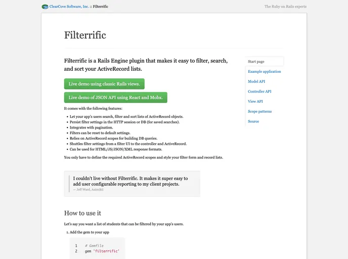 screenshot of Filterrific