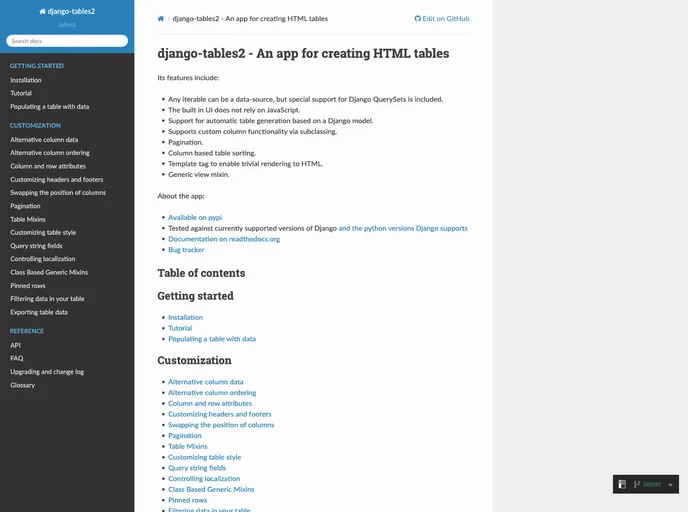 screenshot of Django Tables2