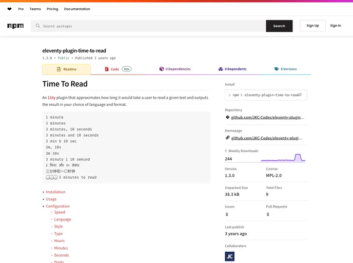 screenshot of Eleventy Plugin Time To Read